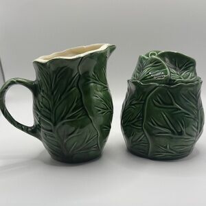 Green Cabbage Leaf Ceramic Pitcher and Jar Set
